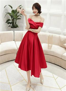 Picture of Red Color Satin Off Shoulder Lace-up Homecoming Dresses, Red Color Formal Dresses Prom Dresses